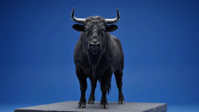 Black muscular bull standing on stone platform looking into camera against solid blue screen studio background
