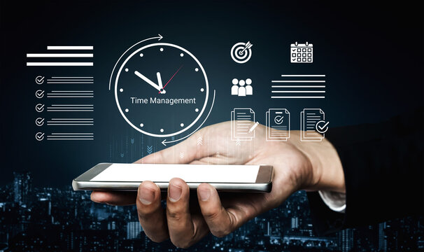 Hand Holding Smartphone Displaying Time Management Concepts with Graphical Icons Representing Planning, Productivity, and Efficiency in a Modern Business Setting. Glyphic.