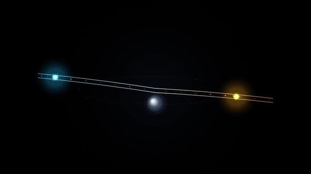 Abstract digital visualization of a binary star system with a glowing orbital path and cosmic energy particles against a deep black space background