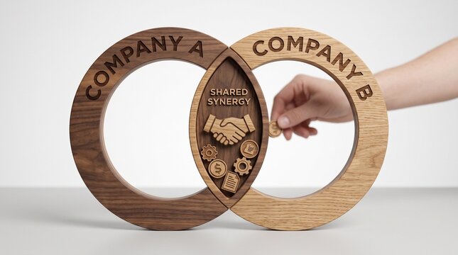 Wooden Venn diagram representing strategic partnerships and business synergy concept with hand placing gear in the intersection, studio shot
