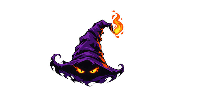 Spooky purple witch hat with glowing evil eyes and magical flame tip isolated on black background