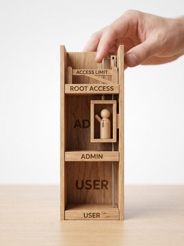 Hand manipulating a wooden toy mechanism with a peg figure moving up levels labeled User, Admin, and Root Access, representing the concept of privilege escalation in cybersecurity