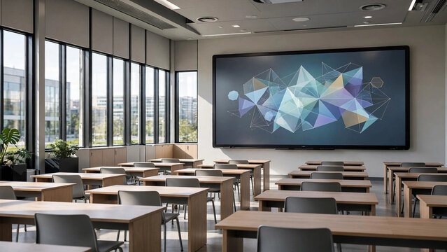 Modern empty classroom with interactive smartboard showing geometric graphics