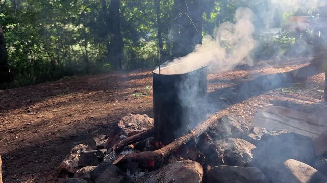 Camp kettle steams above stone campfire pit during camping in forest. Soot covered pot simmers steadily over hot embers, releasing vapor into woodland clearing.
