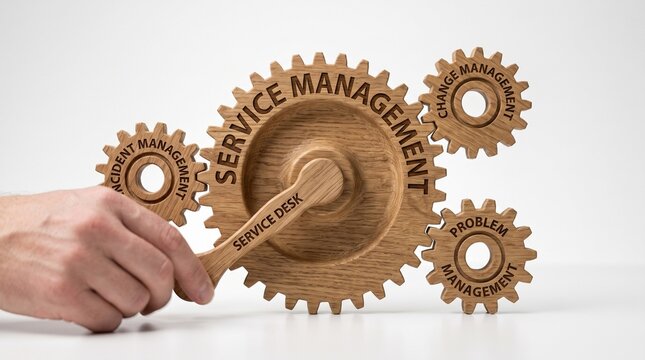 Hand turning wooden gears representing the ITIL IT service management framework concept, featuring service desk, incident, change, and problem management