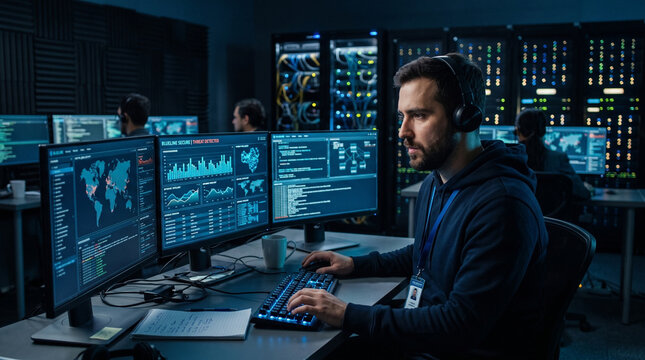 Cybersecurity Analyst Monitoring Multiple Data Screens in Modern Security Operations Center