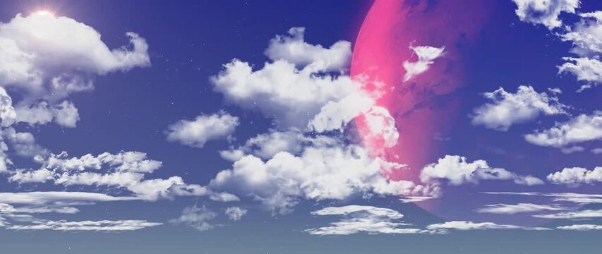 Cosmic Dreamscape: Clouds, Sun, and a Giant Alien Planet