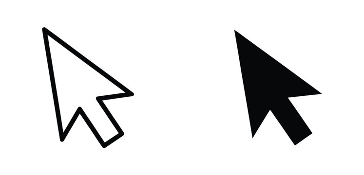 Computer mouse cursor arrow icon set, outline and solid styles, pointer, click, selection, navigation, web interface, user interface, vector illustration
