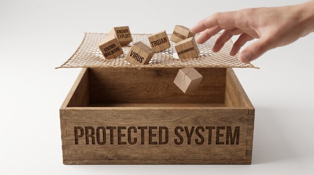 Zero day exploits and unknown security vulnerabilities concept with a blank wooden block slipping through a protective mesh into a wooden box labeled protected system