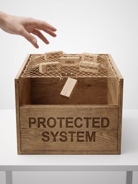 Zero day exploit and unknown security vulnerability concept with a blank wooden block slipping through a protective net into a box labeled protected system
