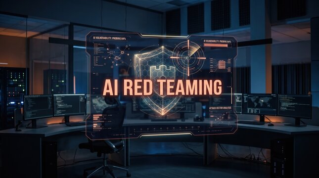 Futuristic AI-powered digital defense interface display in a secure data control room, symbolizing advanced cybersecurity operations and strategic threat analysis