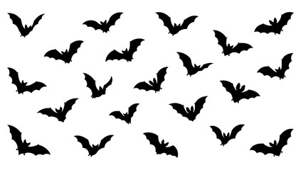 Fototapeta premium Night Flyers: A collection of black bat silhouettes scattered across a white background, creating a spooky and atmospheric visual perfect for Halloween or themes of darkness.