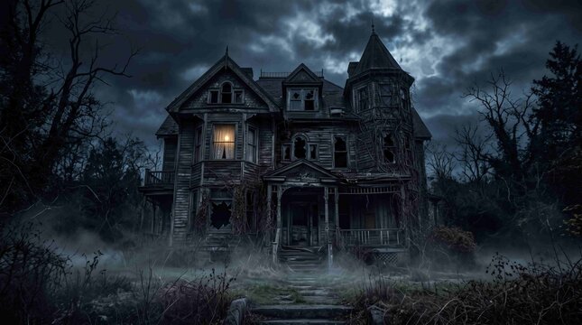 An ominous, decaying gothic mansion shrouded in chilling forest mist under a stormy sky, its single illuminated window casting a spectral glow from the abandoned dwelling