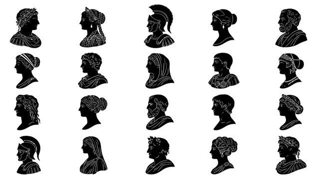 Ancient Civilizations Portraits: A striking collection of black silhouettes portraying busts of ancient Greek and Roman figures, depicting varied hairstyles and headwear.