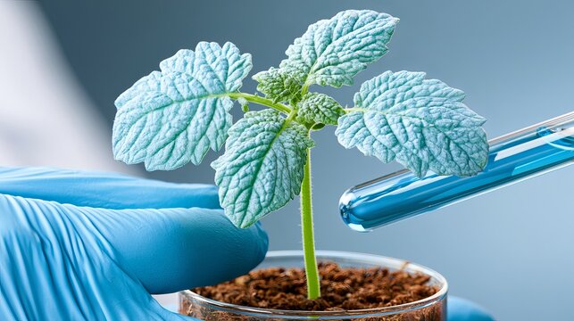 Small plant seedling inside test tube, held by gloved hands, represents innovative science, growth, and future biotechnology concept