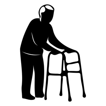 Senior person walking with mobility walker black silhouette icon isolated element.