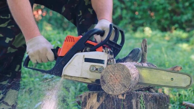 Worker operating a chainsaw to cut a horizontal log on a tree stump, with wood chips flying in a green outdoor woodland setting