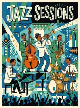 Jazz band performing onstage with trumpet, saxophone, upright bass, piano and drums before a crowd. Live music concert. Swing jazz culture and entertainment. Retro illustrated event poster.