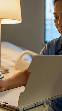 Vertical video: Reviewing nurse in scrubs opening manila folder, charting at bedside, copy space
