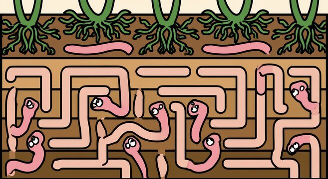 Cartoon worms navigating maze in soil for educational or playful design projects