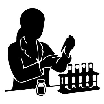 Female scientist silhouette holding test tube in laboratory research environment.