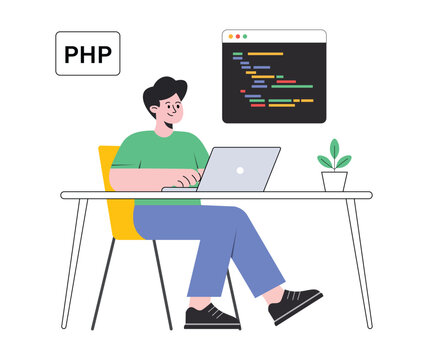 PHP Programming and Web Development Concept with Developer Working on Laptop