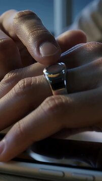 Vertical video: Placing phone, man sitting at table at dusk turning signet ring checking gray shirt