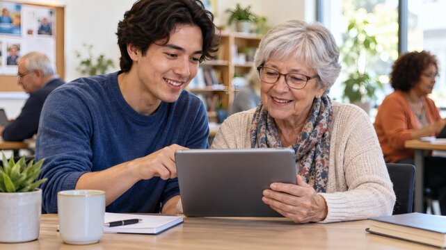 Young adult helping an older woman use a tablet in a community learning space