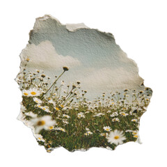 Obraz premium PNG Torn paper reveals blooming daisies.