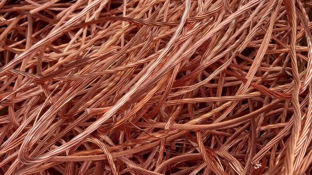 Zooming into a pile of bright copper wire scrap recovered from power cables, recycled copper for remelt