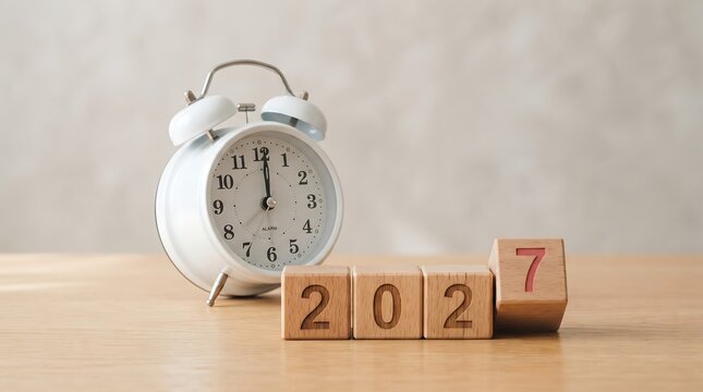 White alarm clock and wooden blocks displaying year 2027