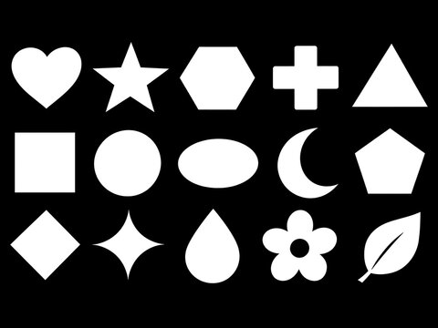 White geometric shapes and natural forms silhouette on a black background