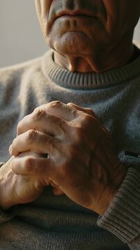Vertical video: Moving man hands after posture shift in gray knit at home, pausing in soft light