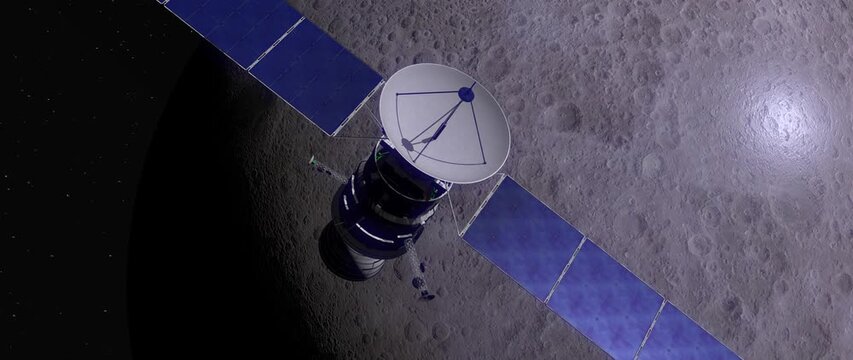 Advanced communication satellite orbiting the moon, exploring its cratered surface in deep space