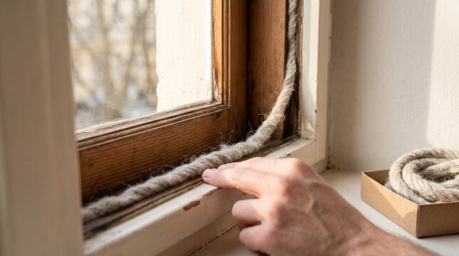 Tactile wool weatherstrip pressed into a window jamb