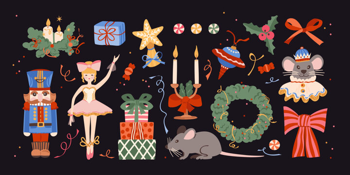 Christmas vector illustration set with nutcracker soldier, Mouse King, ballerina, Christmas tree, wreath, gifts, ornaments and festive decorations. Hand drawn adorable element collection on a black.