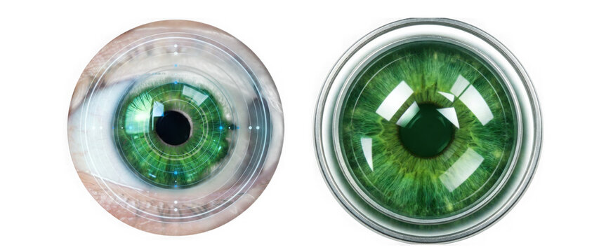 Human eye with digital biometric scanning overlay and a camera lens iris isolated on transparent background