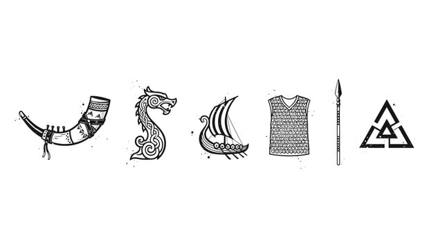 Row of norse mythology symbols including a drinking horn drakkar and spear