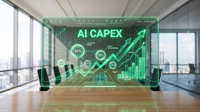 Futuristic office setting with a holographic projection displaying artificial intelligence capital expenditure growth and financial data, symbolizing tech investment and strategic business development