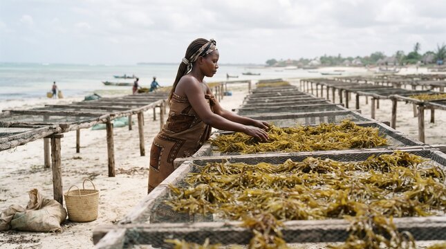 Seaweed drying on raised coastal racks in Tanzania