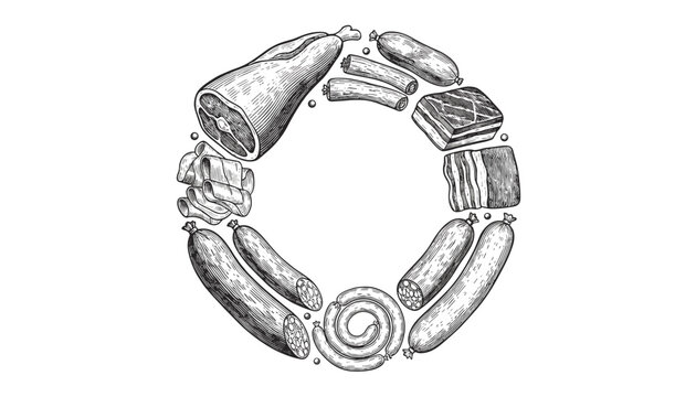 Circular arrangement of various hand drawn sausages and cured meats