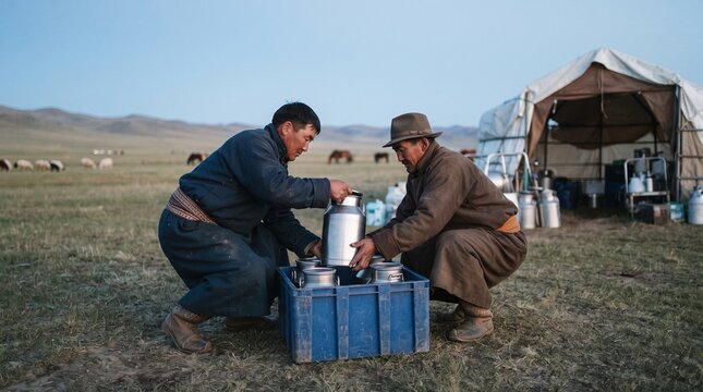 Herders prepare milk containers for collection