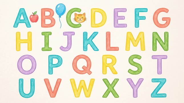 Colorful alphabet letters with apple, balloon and cat illustrations. Preschool learning and early literacy. Childrens education and phonics practice. Classroom teaching resource.