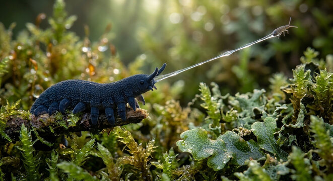 Extreme macro view of a blue velvet worm shooting sticky slime to capture prey on a lush green mossy forest floor