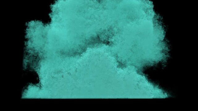 Turbulent turquoise smoke explosion on black background