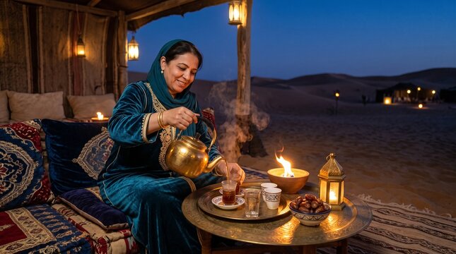 Host pours spiced tea beside an open-air cinema lounge