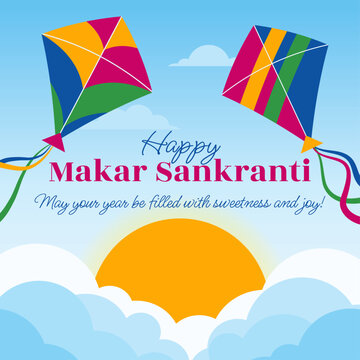 Happy Makar Sankranti greeting with colorful kites and a golden sun above clouds. Ideal for Uttarayan festival cards, banners, and Indian celebration campaigns.