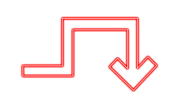 Red neon glowing arrow symbol isolated on transparent background
