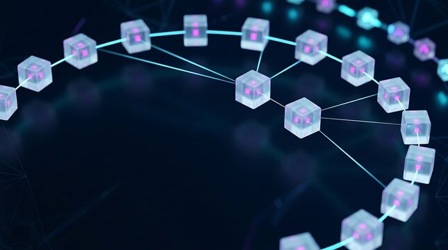 Blockchain network nodes connected in a glowing 3D structure representing decentralized data exchange and secure distributed ledger technology