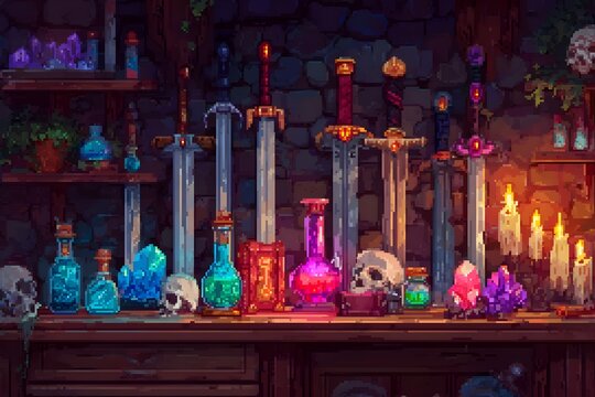 Colorful pixel art potion bottles and swords on wooden counter with candles